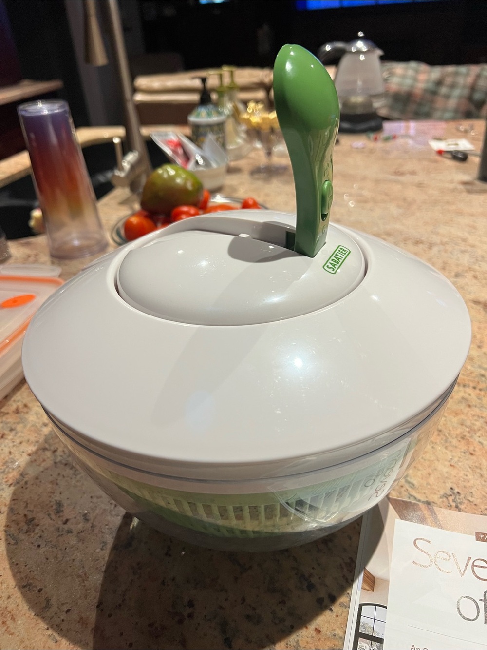 White Salad Spinner with Green Handle